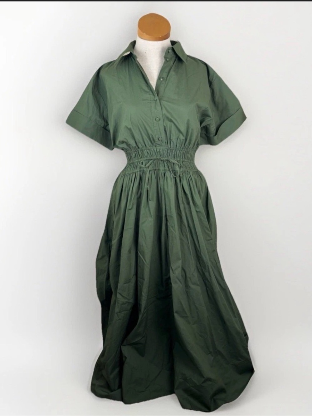 J Crew Elena Moss Green Cotton Poplin Smocked Waist Midi Shirtdress Size 4